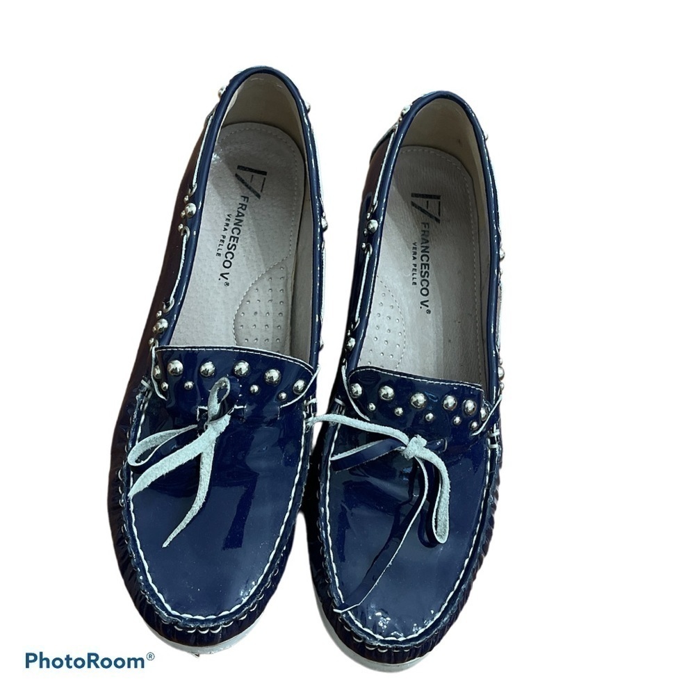 Vera Pelle Navy Patent Studded Loafers
